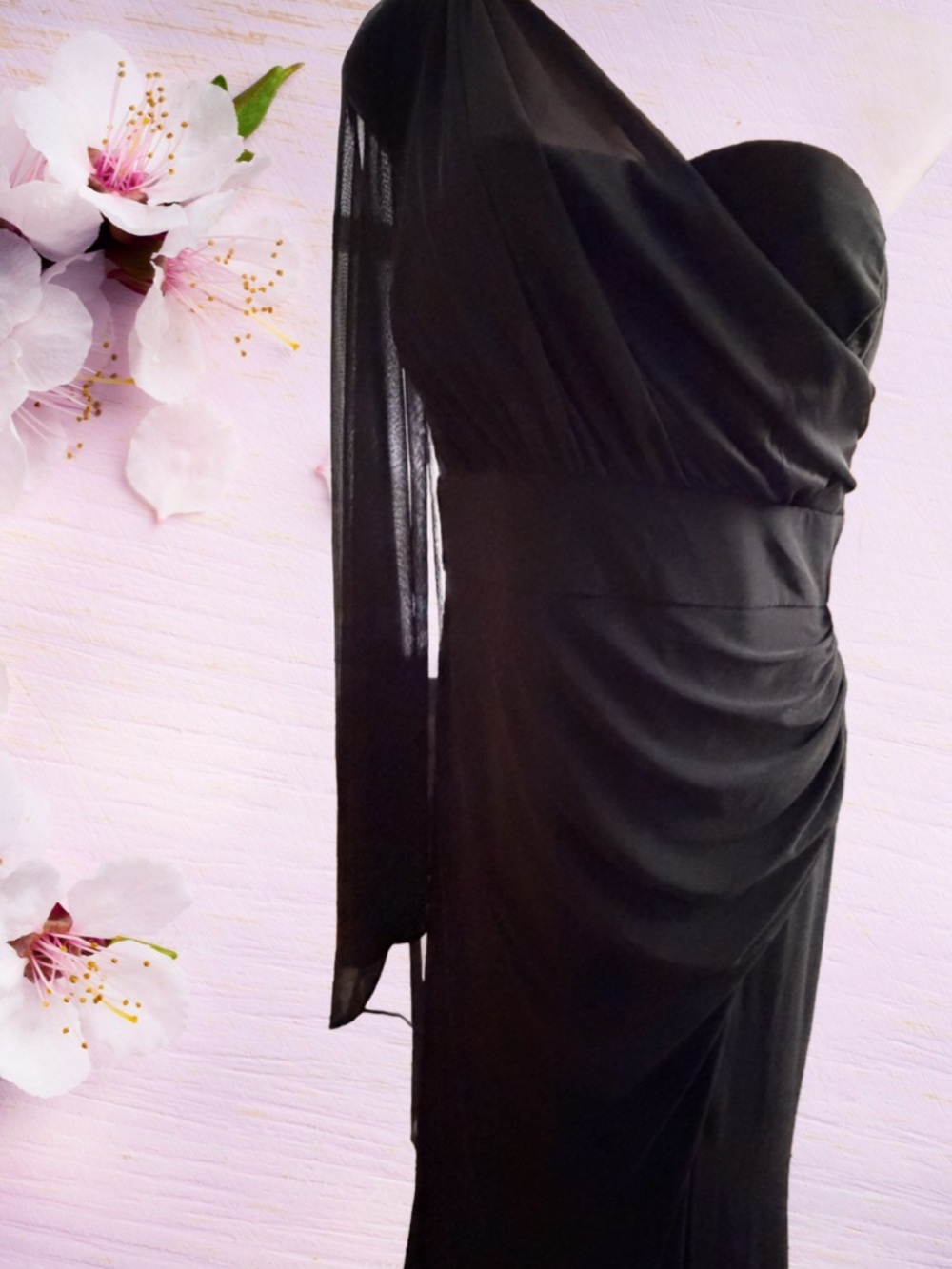 NWT R&M Richards Black One-Shoulder Draped Evening Maxi Dress Size 16